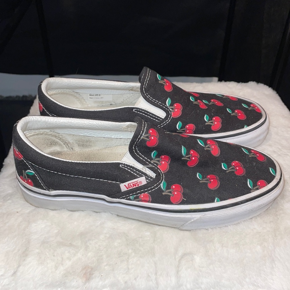 Vans Slip-On Shoes in Black with Red Cherry Print